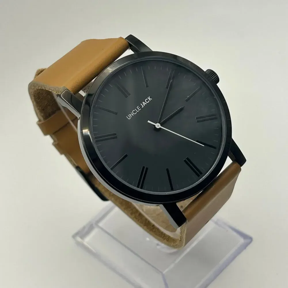 Uncle Jack Black Case Tan Genuine Leather Men’s Minimalist Watch New Battery